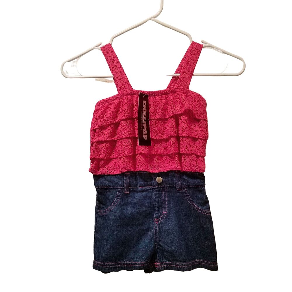 Chillipop Romper Toddler Girls 4T Hot Pink Lace Ruffle Denim Shorts One Piece